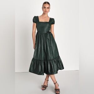 NWT Surely Chic Emerald Puff Sleeve Corset Midi Dress With Pockets XL